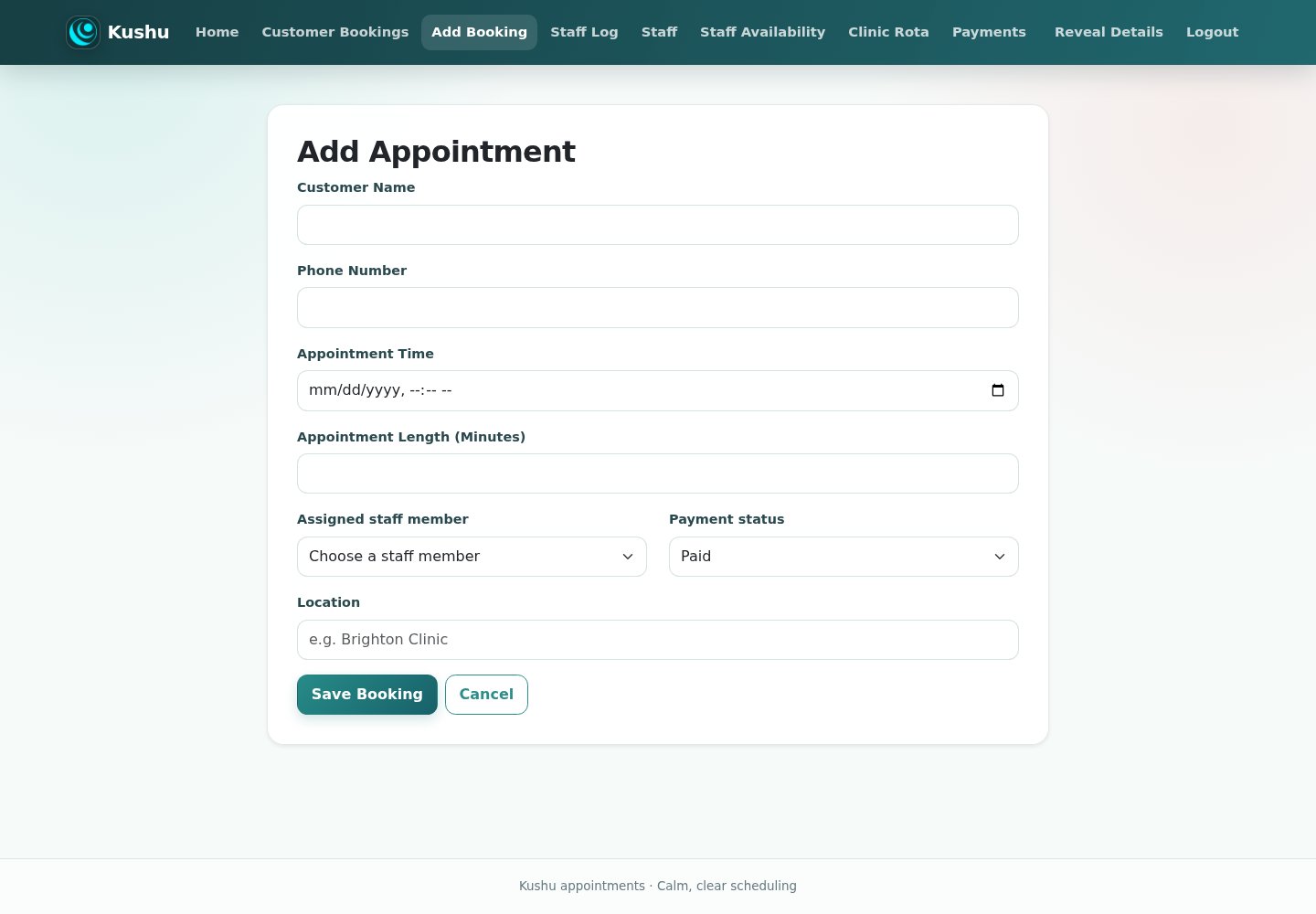 Empty appointment form; staff options omitted for this presentation